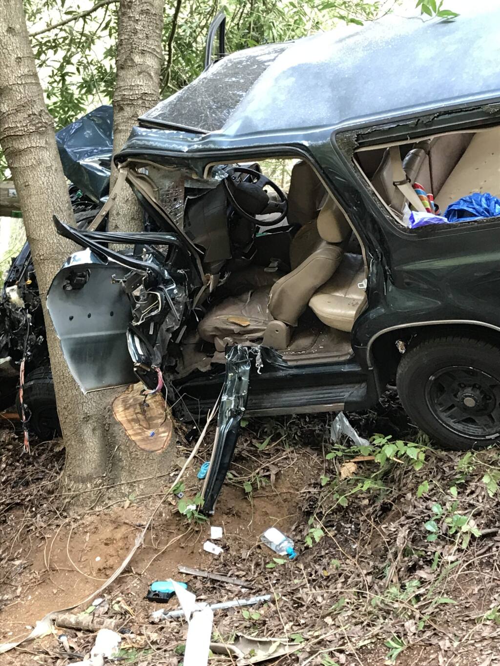 A woman was injured after crashing her vehicle into some trees off Highway 116 in Forestville on Tuesday, Feb. 20, 2018. (COURTESY OF FAVE FRANCESCHI/ FORESTVILLE FIRE PROTECTION DISTRICT)