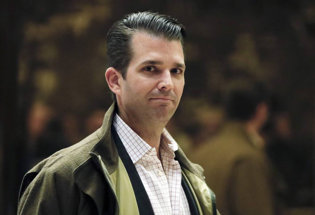 In this Nov. 16, 2016 photo, Donald Trump Jr., son of President-elect Donald Trump, walks from the elevator at Trump Tower in New York. Donald Trump Jr.'s scheduled visit to Capitol Hill on Thursday marks a new phase in the Senate investigation of Moscow's meddling in the 2016 election and a meeting that the president's eldest son had with Russians during the campaign. Staff from the Senate Judiciary Committee _ one of three congressional committees conducting investigations _ plan to privately interview the younger Trump. (AP Photo/Carolyn Kaster)