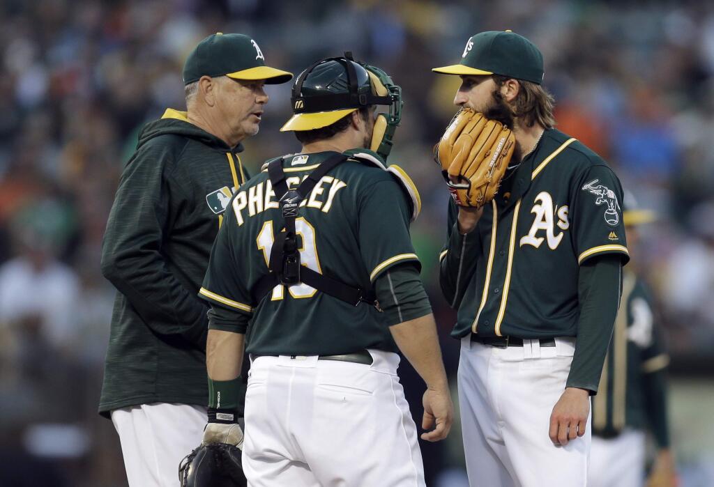 FILE - In this June 30, 2016, file photo, Oakland Athletics pitcher Dillon Overton, right, speaks with pitching coach Curt Young, left, and catcher Josh Phegley (19) in the third inning of a baseball game against the San Francisco Giants in Oakland, Calif. Young has been fired by the Oakland Athletics and bullpen coach Scott Emerson was promoted to the position, the team announced Thursday, June 15, 2017. (AP Photo/Ben Margot, File)