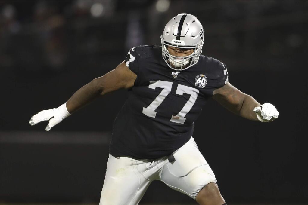 In this Sept. 9, 2019, file photo, Oakland Raiders offensive tackle Trent Brown protects a gap in the offensive line during a game against the Denver Broncos in Oakland. (AP Photo/Peter Joneleit, File)