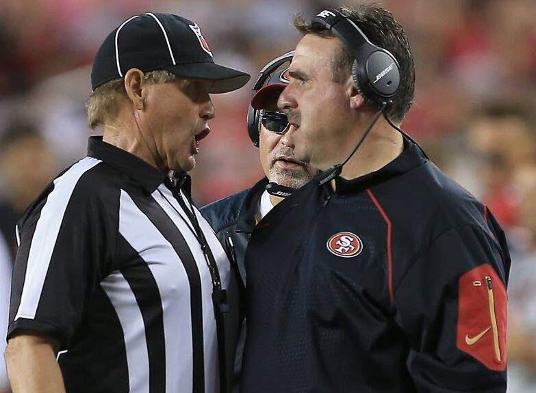 Jim Tomsula argues a call late in the 49ers' loss to Seattle on Thursday (Kent Porter / The Press Democrat)