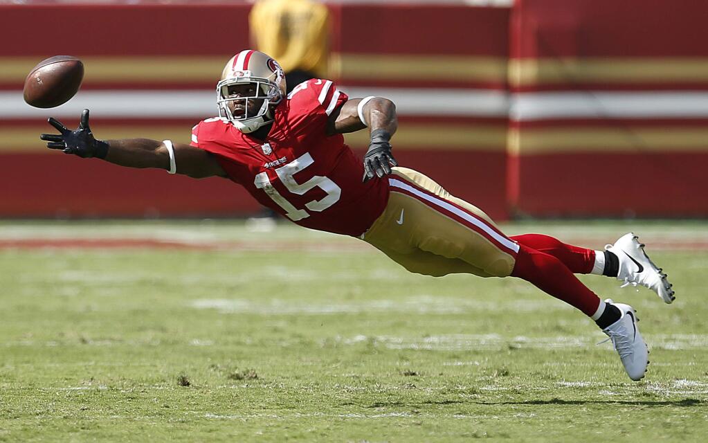San Francisco 49ers wide receiver Pierre Garcon cannot catch a pass during the second half against the Carolina Panthers in Santa Clara, Sunday, Sept. 10, 2017. (AP Photo/Tony Avelar)