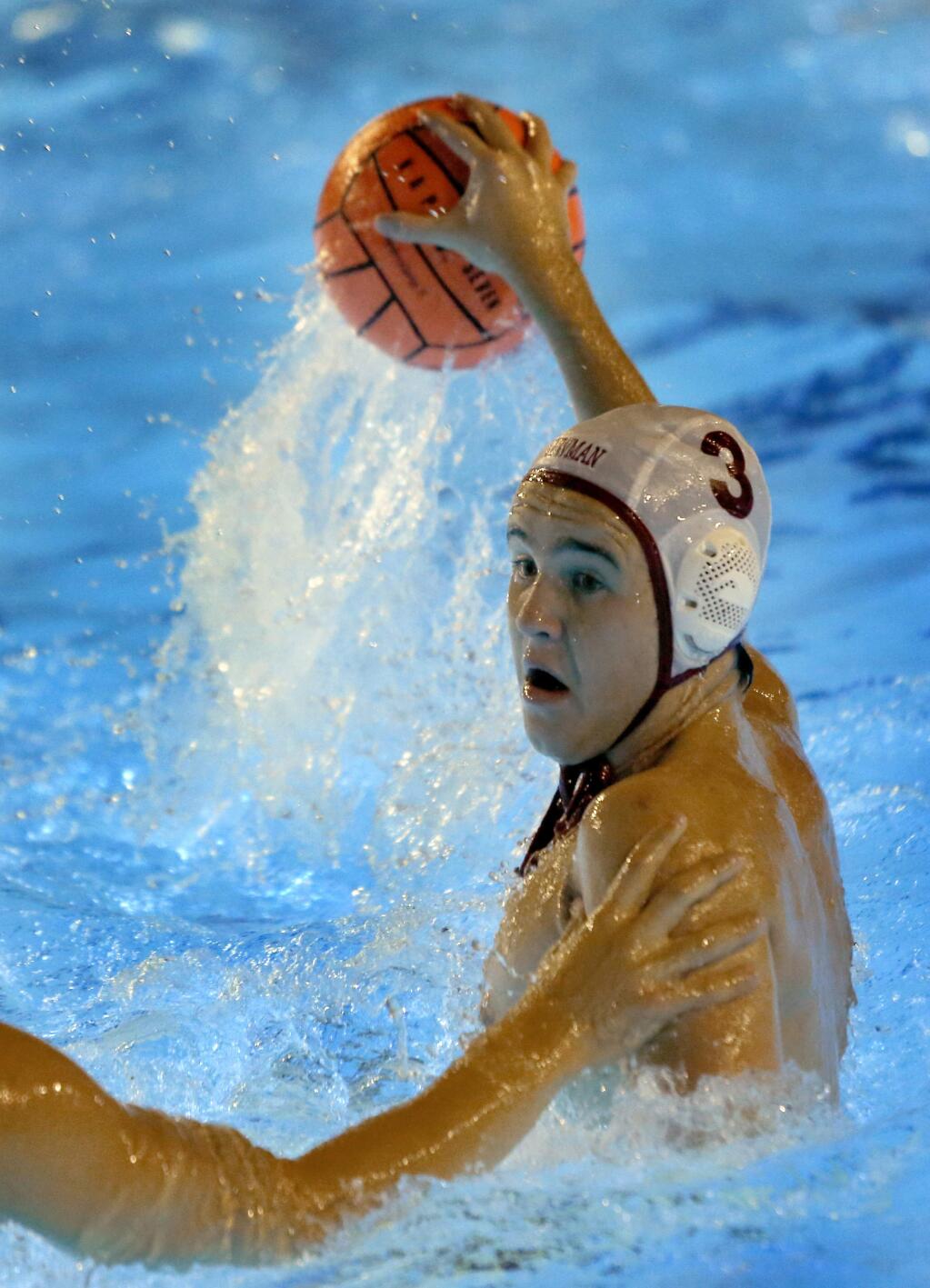 Cardinal Newman senior Jack Stafford, 17, looks to score during water polo practice at Santa Rosa Jr. College in Santa Rosa, on Wednesday, October 14, 2015. (BETH SCHLANKER/ The Press Democrat)