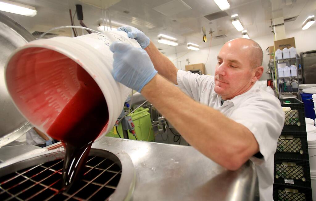 Gary Gambonini pours in a cherry base to be mixed with Three Twins Ice Cream in Petaluma, Wednesday March 2, 2016. (Kent Porter / Press Democrat) 2016