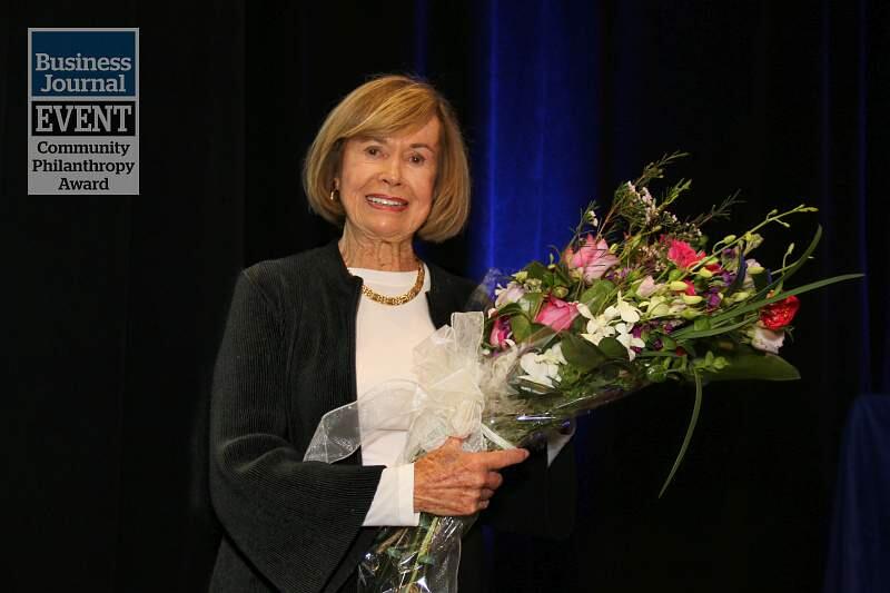Connie Codding accepts the Frank P. Doyle Award at North Bay Business Journal's Community Philanthropy Awards, held at Hyatt Vineyard Creek Hotel & Spa in Santa Rosa on March 31, 2017. (JEFF QUACKENBUSH / NORTH BAY BUSINESS JOURNAL)