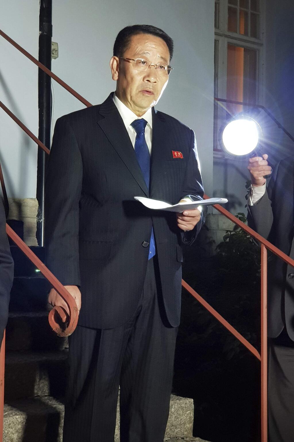 North Korean negotiator, Kim Miyong Gil speaks outside the North Korean Embassy in Stockholm, Sweden, Saturday, Oct. 5, 2019. North Korea's chief negotiator said Saturday that discussions with the U.S. on Pyongyang's nuclear program have broken down, but Washington said the two sides had 'good discussions' that it intends to build on in two weeks. (KOREA POOL/Yonhap via AP)