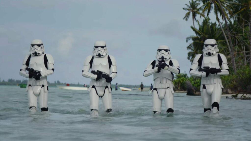 If Storm Troopers formed a steel-drum quartet, their debut album cover would look something like this scene from 'Rogue One.'