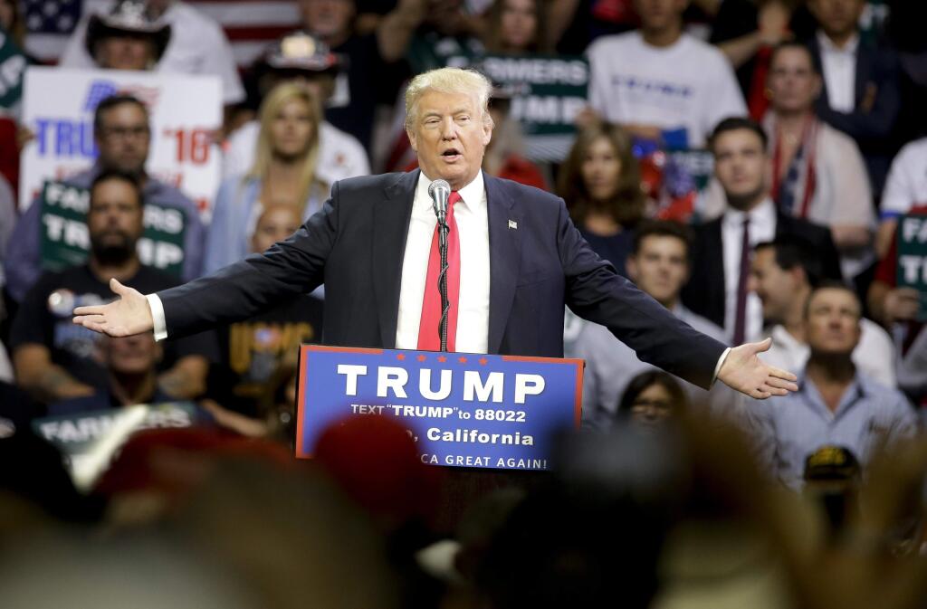 Donald Trump, seen speaking at a Fresno rally, says there is no drought. (CHRIS CARLSON / Associated Press)