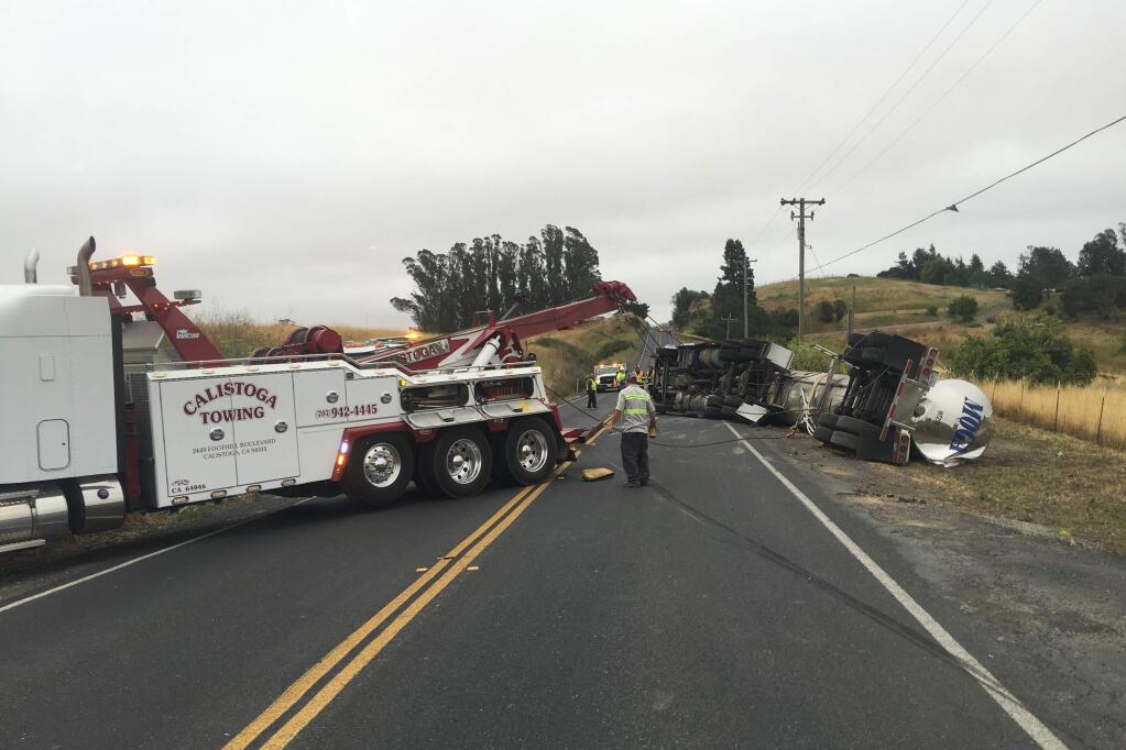 A milk truck overturned on Adobe Road in east Petaluma on Monday, June 13, 2016. (COURTESY OF RANCHO ADOBE FIRE)