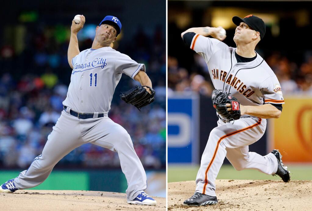 FILE - At left in an Aug. 23, 2014, file photo, Kansas City Royals starting pitcher Jeremy Guthrie throws during the first inning of a baseball game against the Texas Rangers, in Arlington, Texas. At right, in a Sept. 19, 2014, file photo, San Francisco Giants starting pitcher Tim Hudson throws against the San Diego Padres during the first inning of a baseball game in San Diego. Guthrie and Hudson will be the starters for Game 3 of the World Series Friday, Oct. 24, 2014, in San Francisco. (AP Photo/Don Boomer, File)