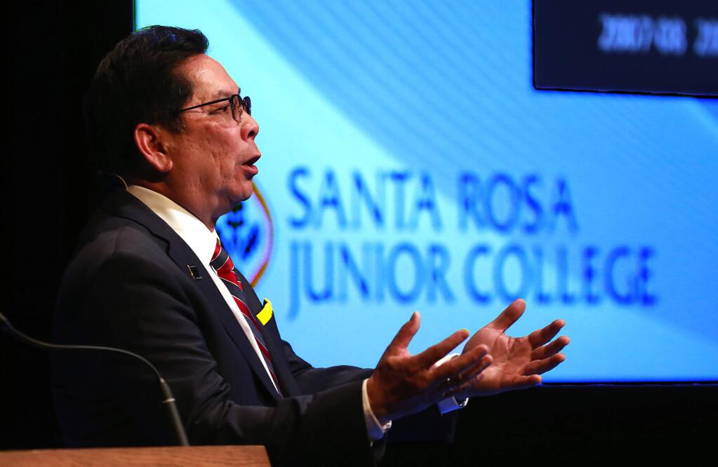 SRJC President Dr. Frank Chong gives his President's Address to the Community during a luncheon at the Walter Haehl Pavillion on Santa Rosa on Thursday, June 1, 2017. (John Burgess/The Press Democrat)