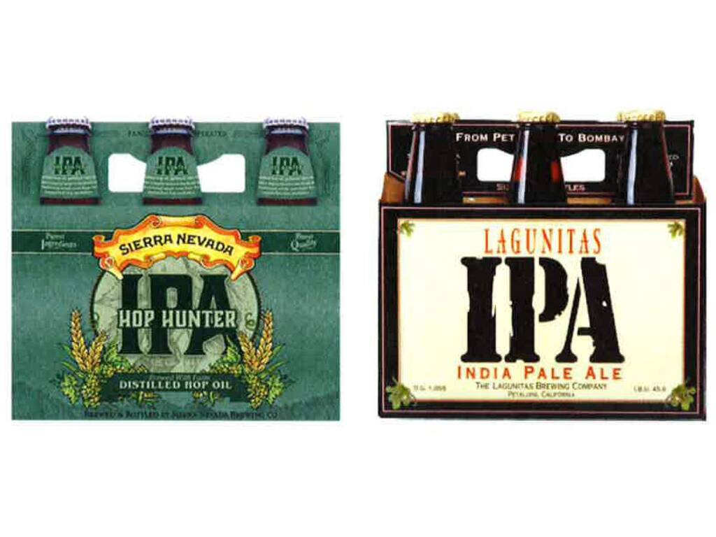 Petaluma-based Lagunitas Brewing Co. has sued rival Sierra Nevada Brewing Co., alleging the Chico-based brewery's new Hop Hunter IPA label infringes upon Lagunitas trademarks. The Sierra Nevada Hop Hunter six-pack is at left, while the Lagunitas six-pack is at right. (Photo taken from court documents.)