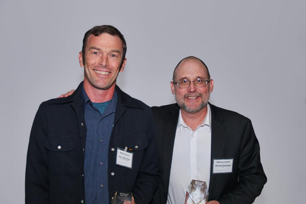 ESA's Alex DeGeorgey and Michael Newland, winners of one of North Bay Business Journal's Community Philanthropy Awards, presented on Friday, April 26, 2019, at Hyatt Regency Sonoma Wine Country hotel in Santa Rosa. (ANTHONY BORDERS / NORTH BAY BUSINESS JOURNAL)