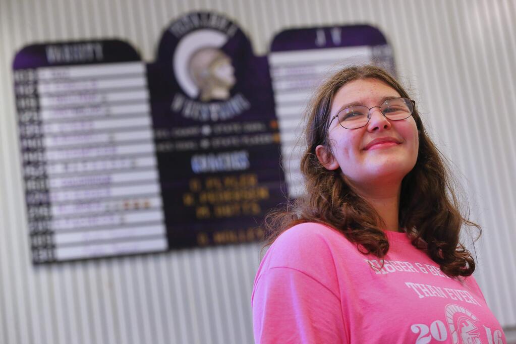 Petaluma High School senior Michelle Larsen came in second in the state wrestling meet heavyweight division, and carries a 4.15 grade point average. (Christopher Chung / The Press Democrat)