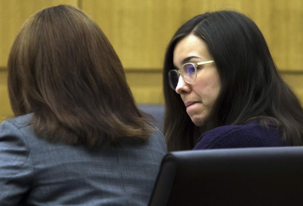 FILE - This Thursday, Feb. 5, 2015, file photo, Jodi Arias, right, sits with her defense attorney Jennifer Willmott during the sentencing phase of her retrial at Maricopa County Superior Court in Phoenix. The jury in the Arias case has reached a verdict on whether the convicted murderer should be sentenced to life in prison or death for killing her lover nearly seven years ago on Thursday, March 5, 2015. (AP Photo/The Arizona Republic, Mark Henle, Pool, File)