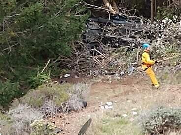A motorist was airlifted to a hospital Sunday afternoon after his car went over an embankment and fell 200 feet off Highway 1 in Fort Ross. (PAT PATERSON)
