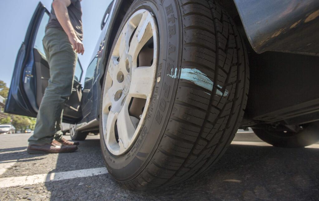 A chalked tire on West Napa St. (Photo by Robbi Pengelly/Index-Tribune)