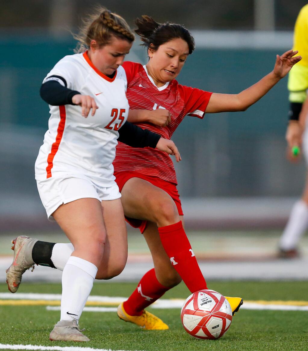 Montgomery's Abril Vizzuett, right, kicks the ball away from Washington's Kayla Serpa during the first half of the NCS Division 2 playoff game in Santa Rosa on Wednesday, February 19, 2020. (Alvin Jornada / The Press Democrat)
