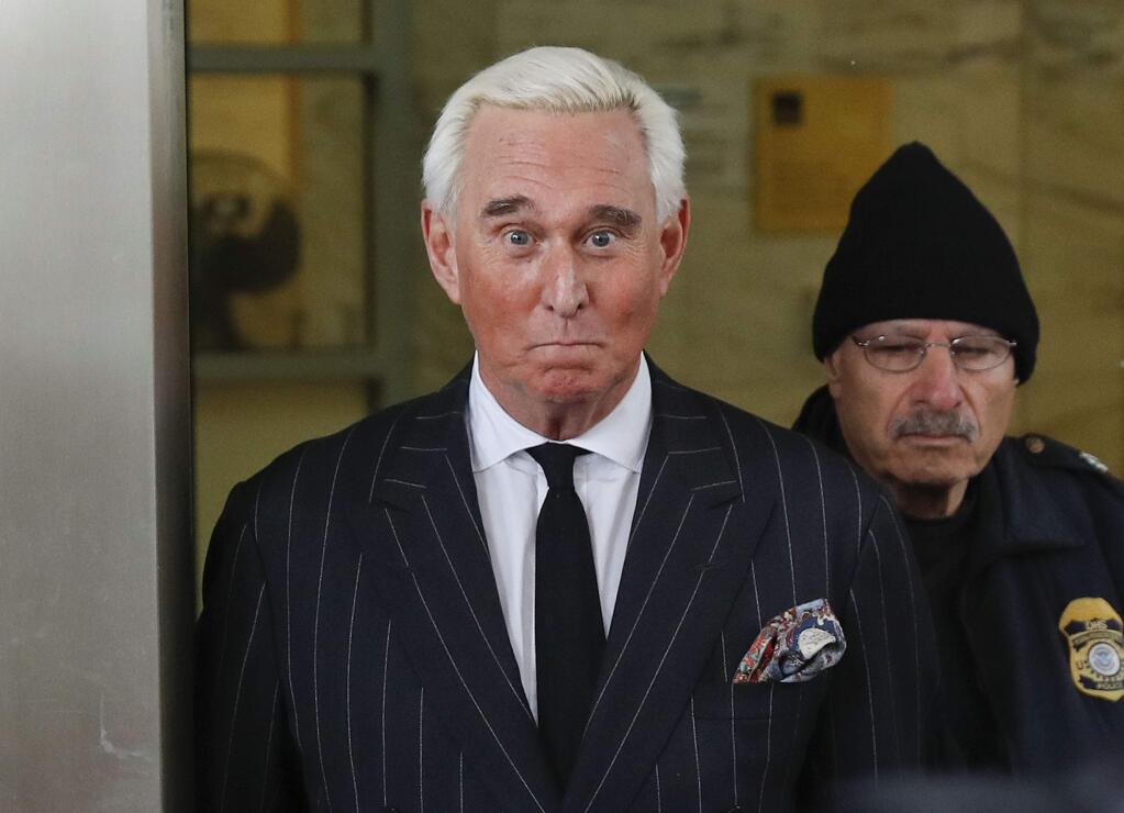 In this Feb. 1, 2019 photo, former campaign adviser for President Donald Trump, Roger Stone, leaves federal court in Washington. U.S. District Judge Amy Berman Jackson has issued a gag order in the case of Donald Trump confidant Roger Stone. Jackson said in an order Friday that both sides must refrain from making statements to the media or the public that could prejudice the case. (AP Photo/Pablo Martinez Monsivais)