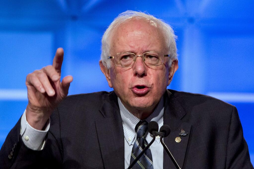 Democratic presidential candidate Sen. Bernie Sanders, I-Vt., speaks at the 2015 International Association of Sheet Metal, Air, Rail, and Transportation Workers (SMART) Conference, Tuesday, July 28, 2015, in Washington. (AP Photo/Jacquelyn Martin)