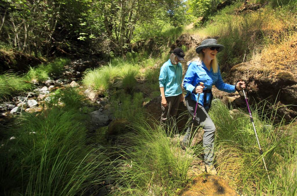 Sheri Cardo, front, and Wendy Eliot of Sonoma Land Trust hike the headwaters of the creek near Hood Mountain Regional Park and Sugarloaf Ridge State Park, in Sonoma Valley. (Kent Porter / Press Democrat) 2016