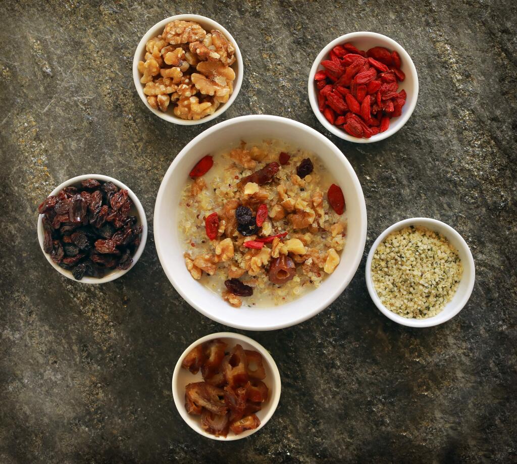 Quinoa with goji berries, dates, hemp seeds, raisins, walnuts with almond milk from Thai Harris, head of nutrition education management at Ceres Community Project. (photo by John Burgess/The Press Democrat)
