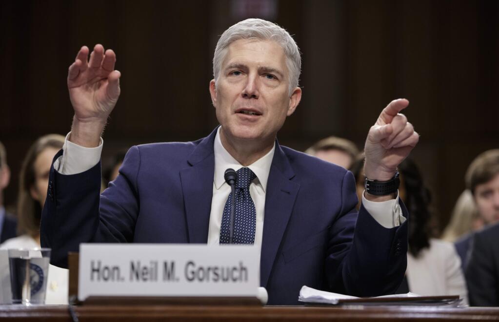 Supreme Court Justice nominee Neil Gorsuch testifies on Capitol Hill in Washington, Wednesday, March 22, 2017, at his confirmation hearing before the Senate Judiciary Committee. (AP Photo/J. Scott Applewhite)