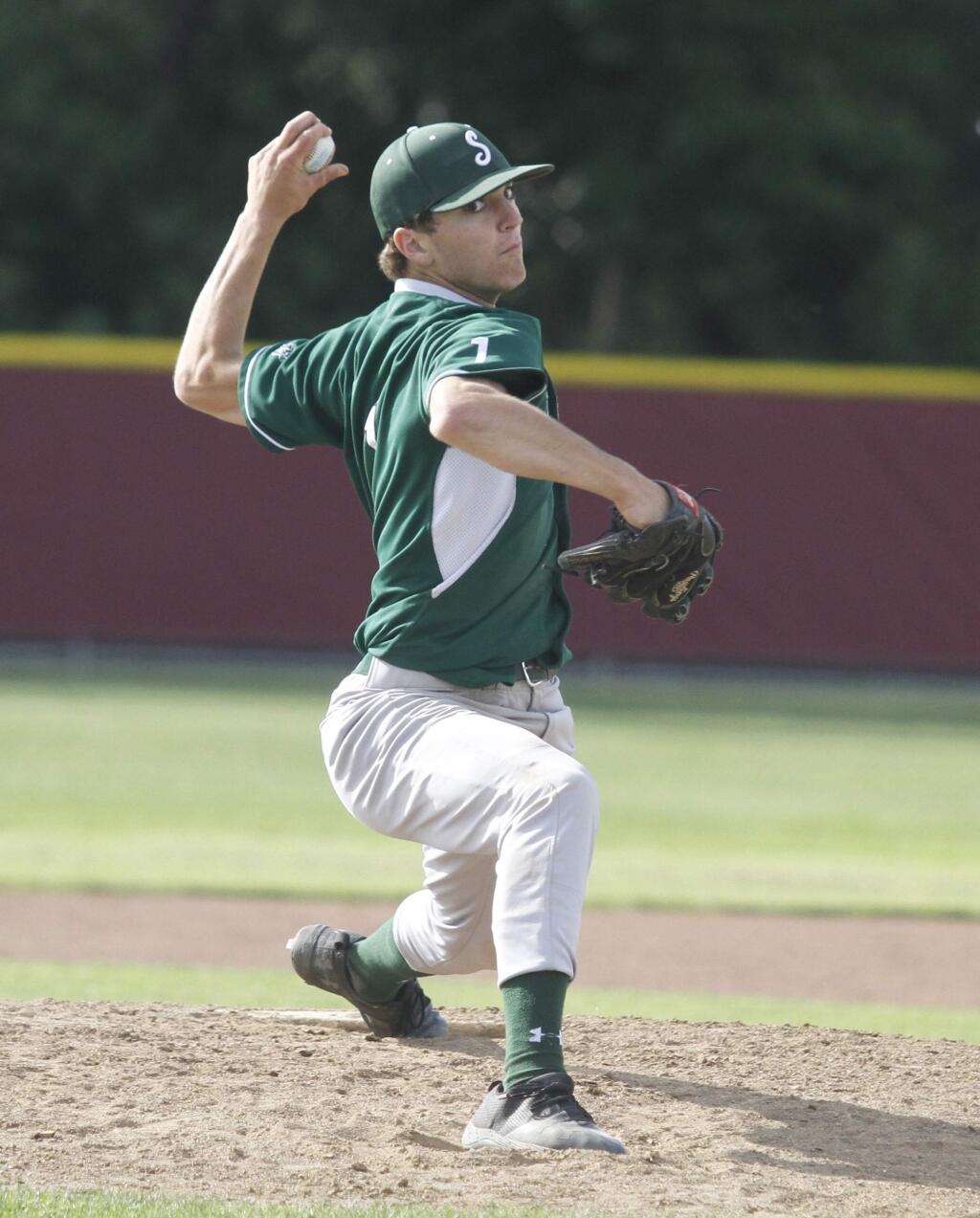 Dragon pitcher Carson Snyder, thrown here hurling one of his five winning games, was named to the SCL All-Leage team, along with four of his Sonoma Valley High teammates. Snyder came in second in MVP voting. (Bill Hoban/Index-Tribune)