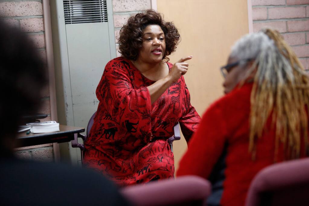 Jacqueline Lawrence directs cast members as they sing spirituals during rehearsal for 'The Spirit of Us: A Black History Musical' at the Community Baptist Church in Santa Rosa, California on Thursday, February 18, 2016. (Alvin Jornada / The Press Democrat)