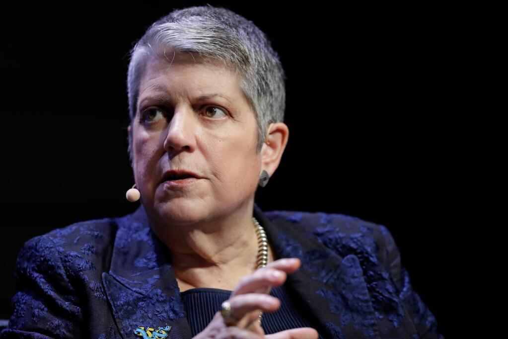 FILE - This March 7, 2018 file photo shows University of California President Janet Napolitano at a meeting of The Commonwealth Club in San Francisco. (AP Photo/Marcio Jose Sanchez, File)