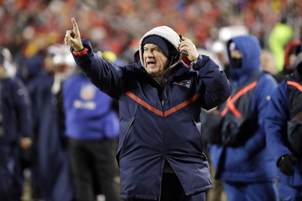 New England Patriots head coach Bill Belichick during the overtime of the AFC Championship NFL football game, Sunday, Jan. 20, 2019, in Kansas City, Mo. (AP Photo/Elise Amendola)
