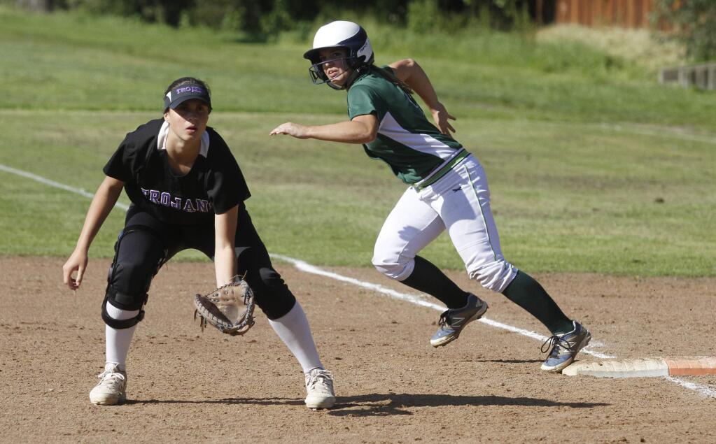 Bill Hoban/Index-TribuneSonoma's Lyndsey Lee gets ready to take a lead off first during Thursday's game against Petaluma. Sonoma managed only four hits and lost 1-0.