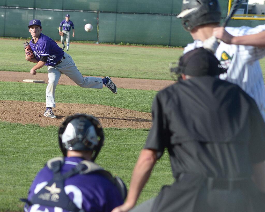 Petaluma's Danny Marzo pitching during the baseball game between Casa Grande and Petaluma high schools at CGHS on Tuesday, March 1, 2016. PHS won the game 12-5. (Sumner Fowler/For The Argus Courier)