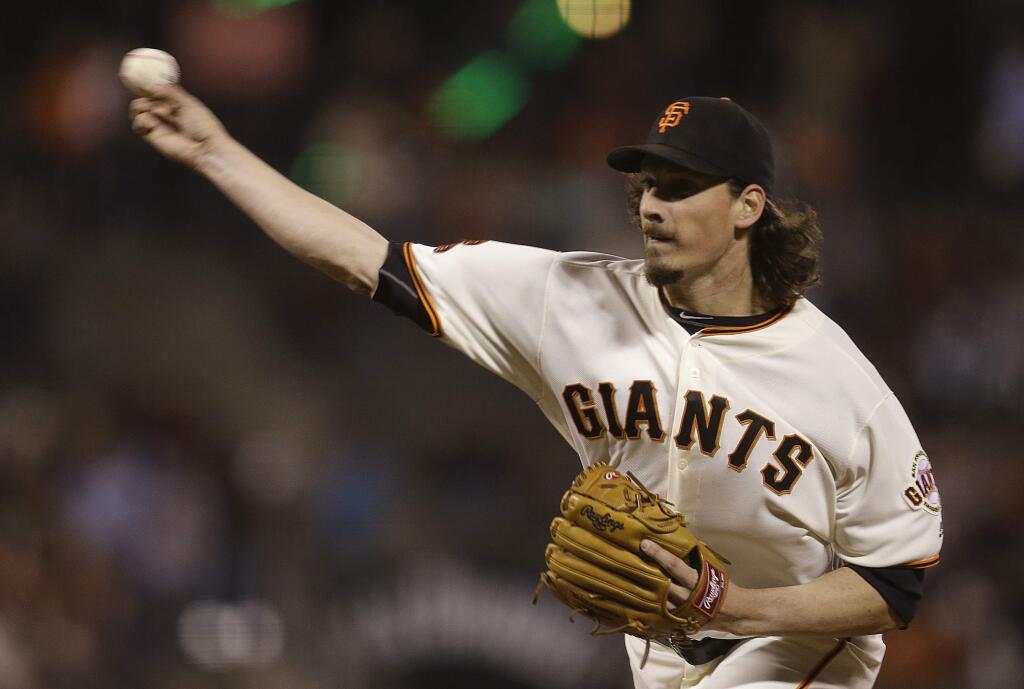 San Francisco Giants pitcher Jeff Samardzija works against the Colorado Rockies in the first inning of a baseball game Wednesday, Sept. 28, 2016, in San Francisco. (AP Photo/Ben Margot)