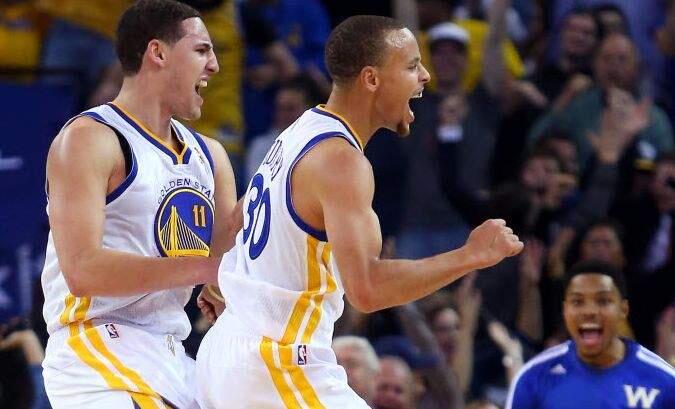 Warriors teammates Klay Thompson, left, and Steph Curry on Thursday were named to the All-NBA team, with Curry a first-team selection and Thompson receiving third-team recognition. It marked the first time the Warriors had teammate earn All-NBA honors since Chris Mullin (first team) and Tim Hardaway (second) in 1991-92. (Christopher Chung / The Press Democrat)