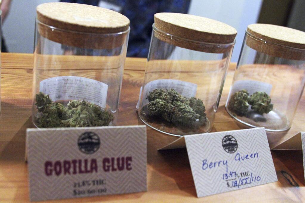 This Jan. 18, 2017 photo shows marijuana including the store's best-seller, Gorilla Glue, available for sale at Rainforest Farms, owned by James and Giono Barrett in Juneau, Alaska. (AP Photo/Mark Thiessen)