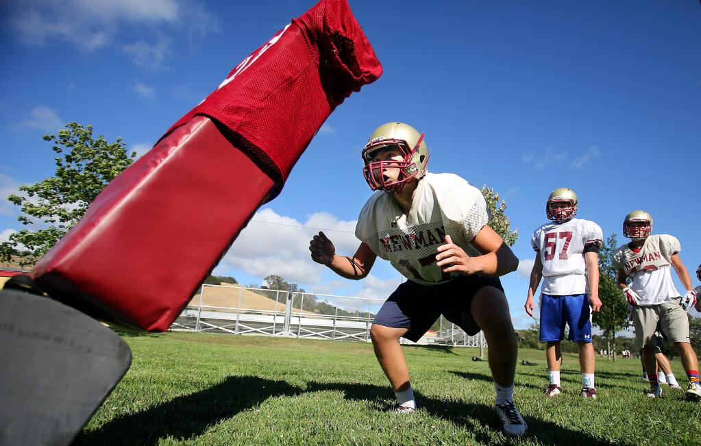 Cardinal Newman's Nick Drake prepares to hit the tackle the 1-man football sled while Craig Lucey, center and Casey Mansen wait their turn during football practice, Tuesday, July 22, 2014. (Crista Jeremiason / The Press Democrat)