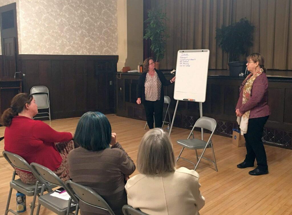 Jenny Whyte (top left) and Trisha Almond conduct a Voices of Sonoma County Women listening session at the Petaluma Woman's Club on March 14, 2019. (SONOMA COUNTY COMMISSION ON THE STATUS OF WOMEN FACEBOOK)