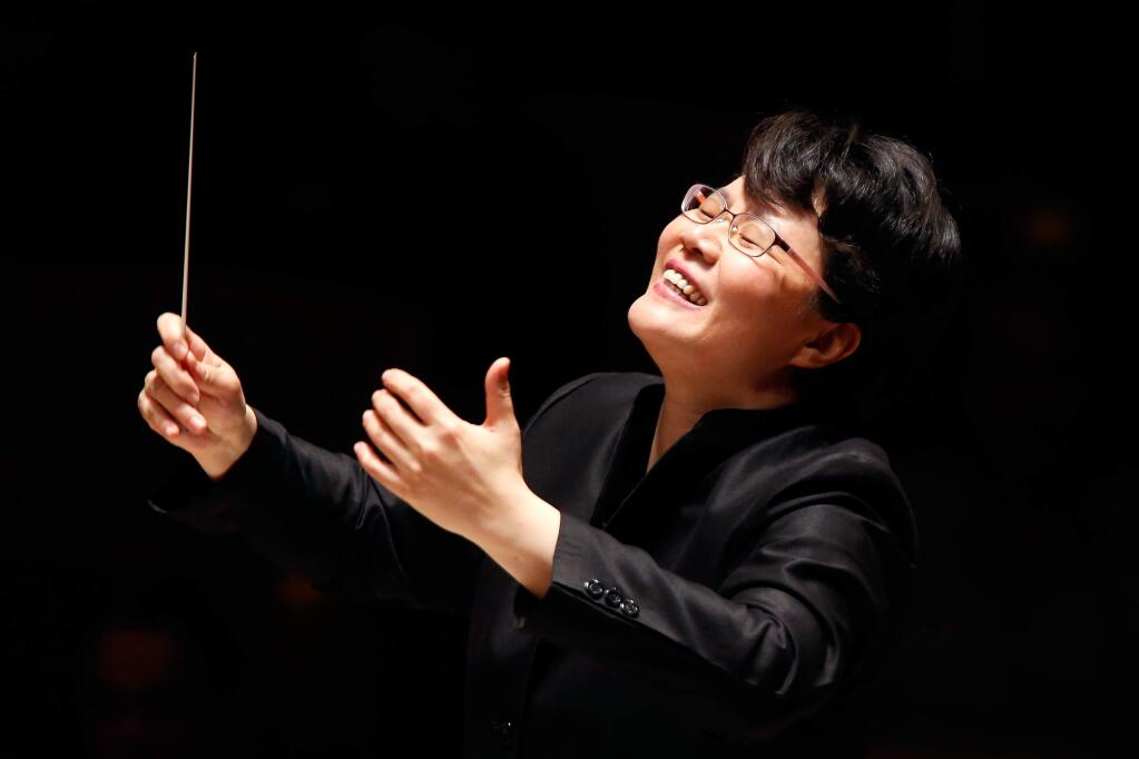 Mei-Ann Chen conducts the Santa Rosa Symphony performing Blue Cathedral by composer Jennifer Higdon at Weill Hall at Sonoma State University's Green Music Center in Rohnert Park, California on Saturday, November 4, 2017. Maestra Chen is the second of five candidates vying for the role of conductor of the Santa Rosa Symphony. (Alvin Jornada / The Press Democrat)