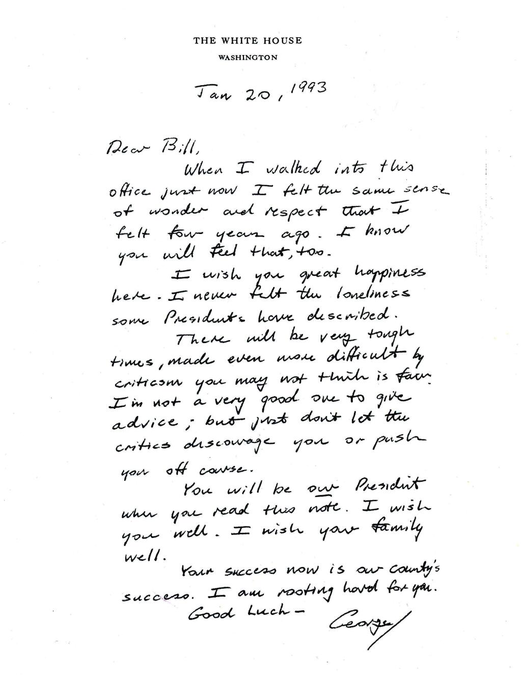 This image provided by the George H.W. Bush Presidential Library and Museum shows a note written by George H.W. Bush to Bill Clinton. (George H.W. Bush Presidential Library and Museum via AP)