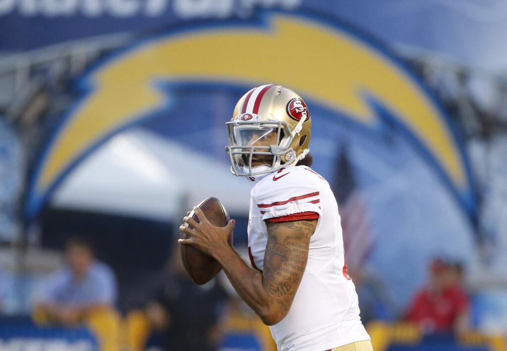 San Francisco 49ers quarterback Colin Kaepernick throws against the San Diego Chargers during the first half of an NFL preseason football game Thursday, Sept. 1, 2016, in San Diego. (AP Photo/Lenny Ignelzi)