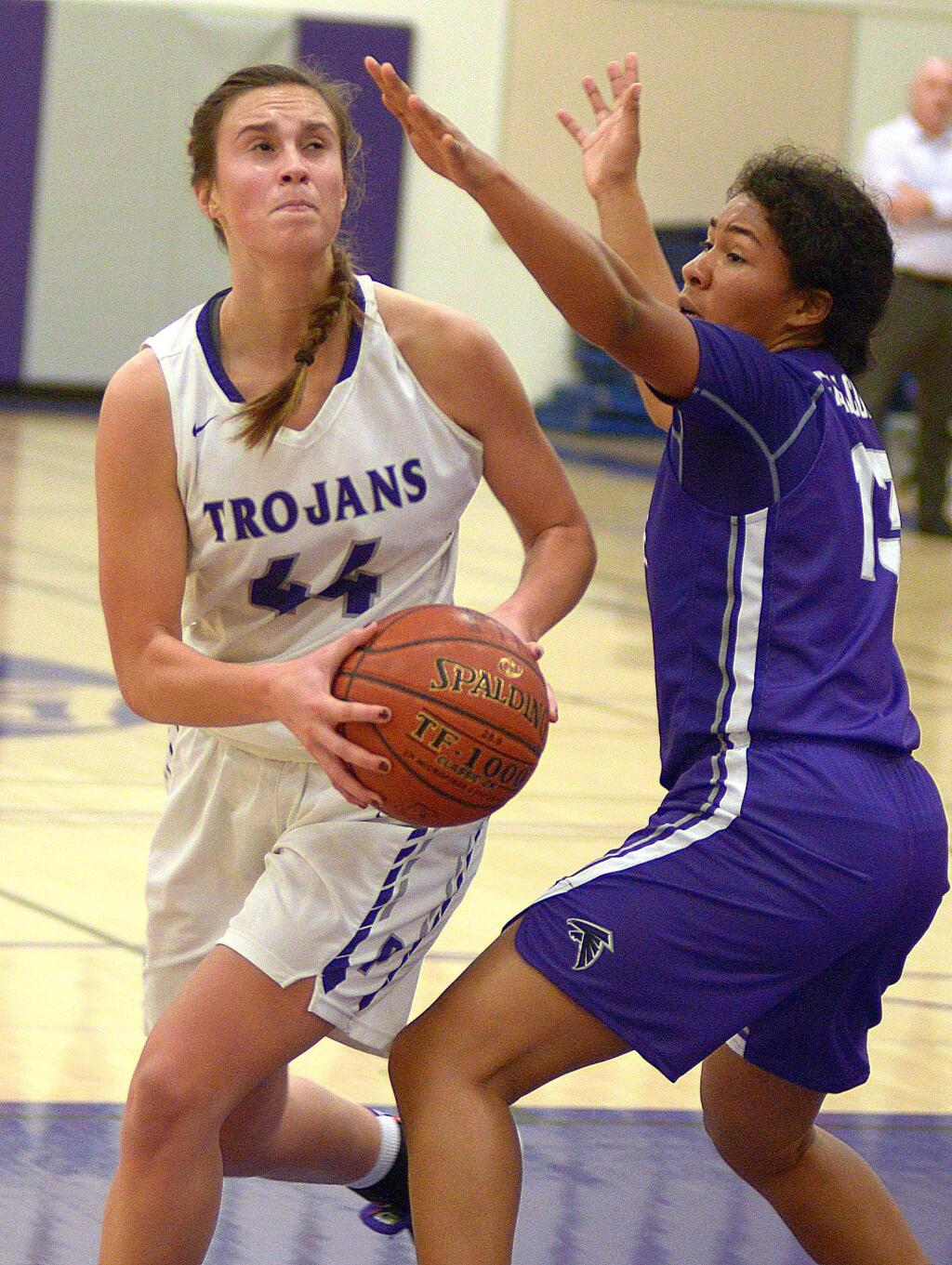 SUMNER FOWLER/FOR THE ARGUS-COURIERA determined Jaden Krist helped Petaluma take consolation honors in the Piner Gold Rush Girls Basketball Tournament.