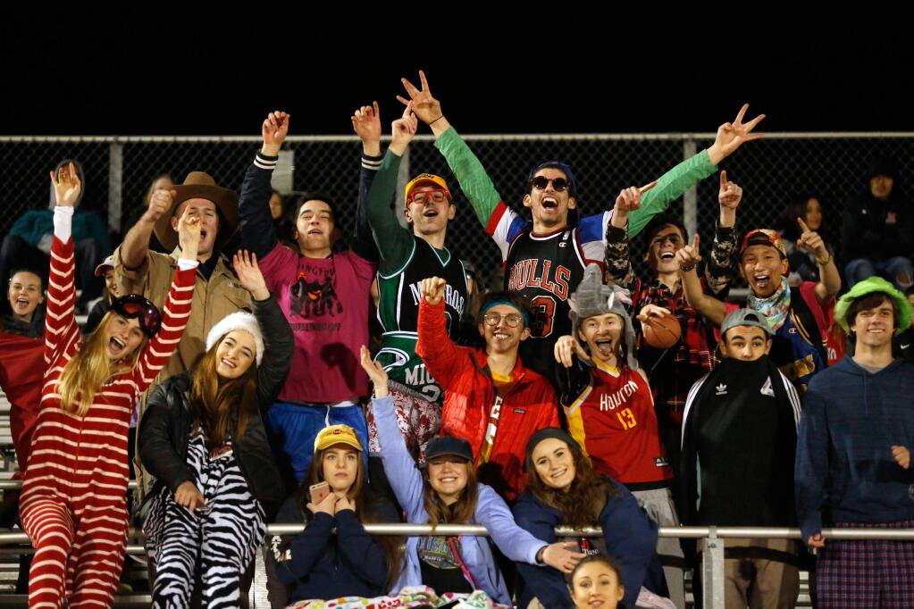 Montgomery students cheer for the Vikings during the NCS Division 2 boys soccer quarterfinal match between Campolindo and Montgomery high schools in Santa Rosa, California, on Saturday, February 20, 2016. (Alvin Jornada / The Press Democrat)