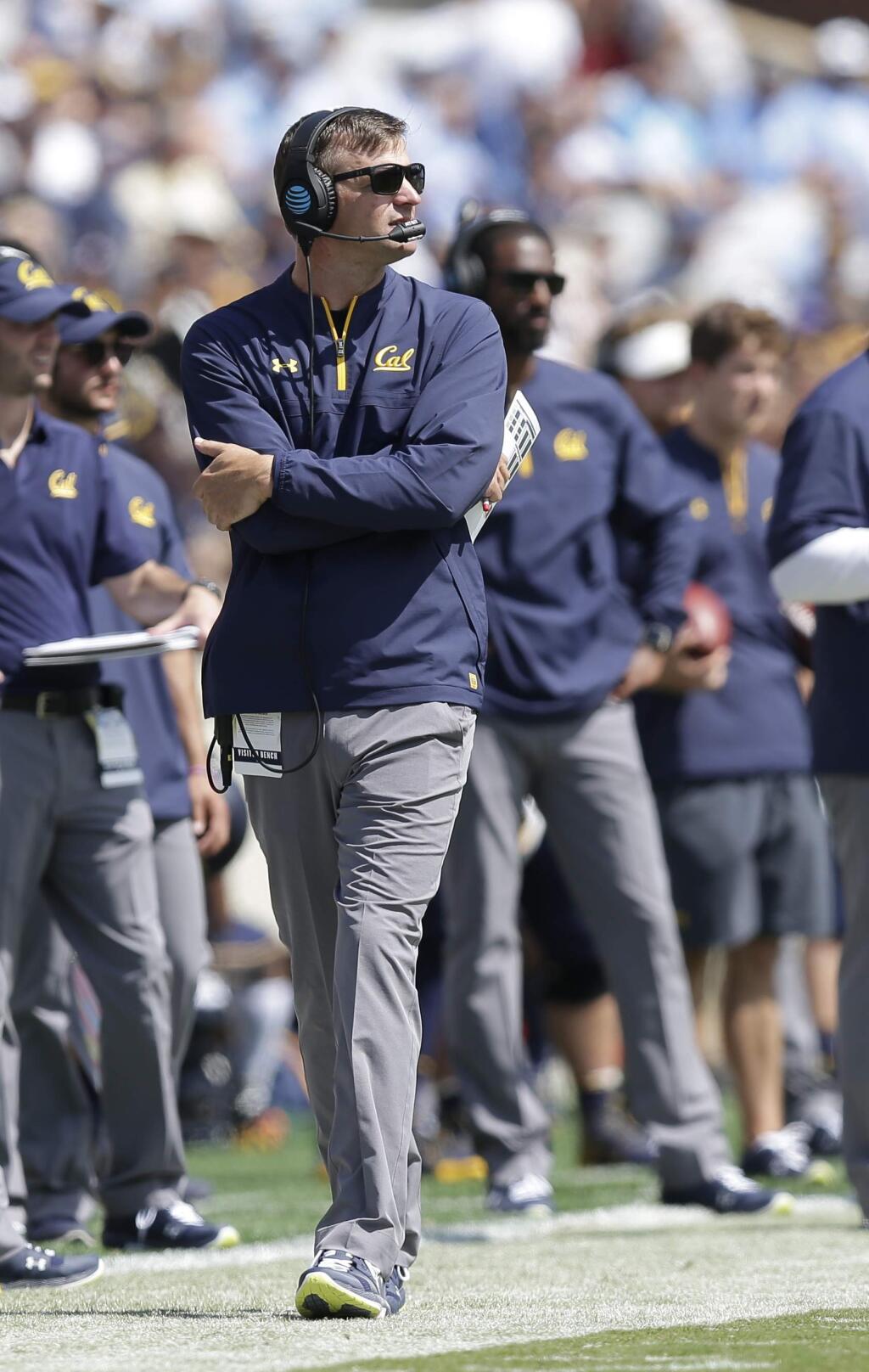 FILE - In this Sept. 2, 2017, file photo, California coach Justin Wilcox watches during the second half of the team's NCAA college football game against North Carolina in Chapel Hill, N.C. California plays Southern California this week; Wilcox is a former defensive coordinator at USC. (AP Photo/Gerry Broome, File)