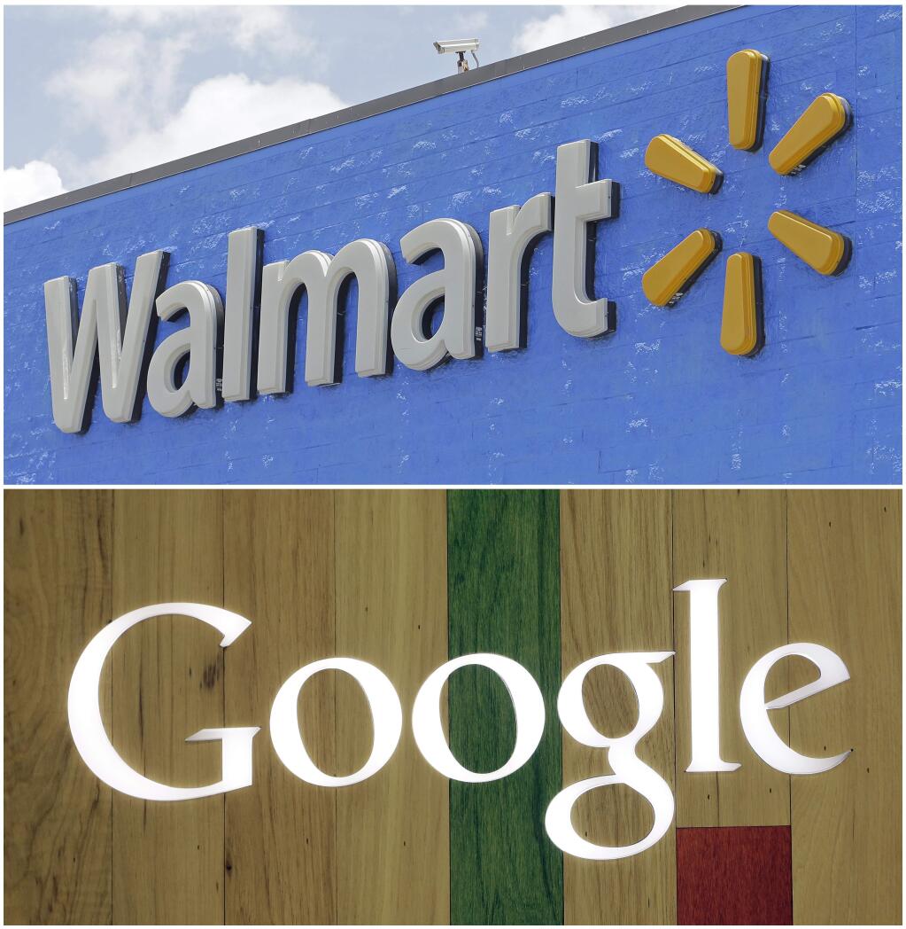 FILE- In this combo of file photos shows, a Google sign at a store on Aug. 7, 2017, in Hialeah, Fla., bottom, and a Walmart sign on June 1, 2017, in Hialeah Gardens, Fla. Walmart, the world's largest retailer, said Wednesday, Aug. 23, that it's working with Google to offer hundreds of thousands of items from laundry detergent to Legos for voice shopping through Google Assistant. The capability will be available in late September. (AP Photo/Alan Diaz, File)