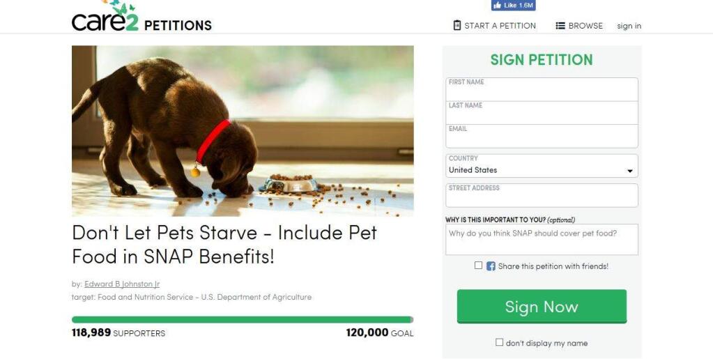 The 'Don't Let Pets Starve - Include Pet Food in SNAP Benefits!' petition looks to make pet food eligible for purchase with food stamps. (Photo: Care2)