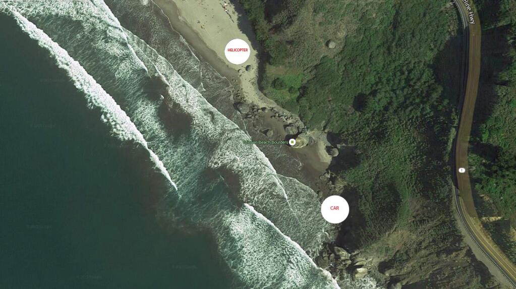 A photo provided by the CHP showing the location of the car that went over a cliff and the helicopter landing spot at the southern end of Stinson Beach.