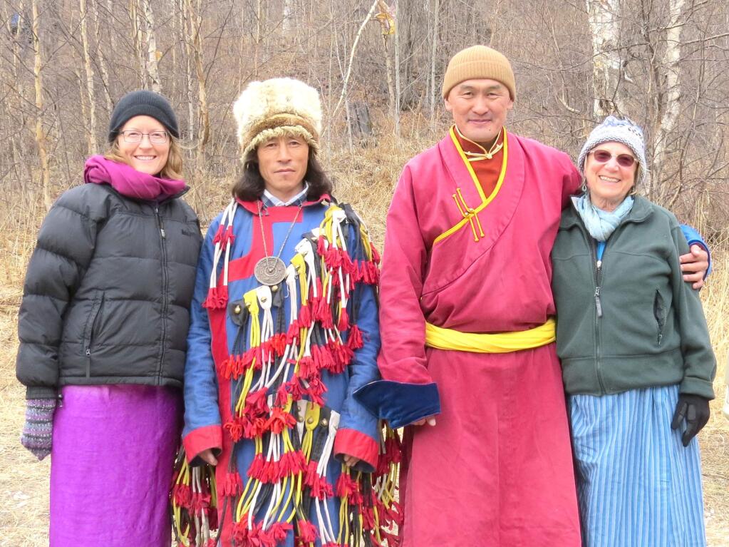 Betsy Mueller (SLC) / Special to the Index-Tribune Snow leopard advocates meet in a Siberian border area with indigenous cultural practicioners before they were detained by Russian police. Left to right: Betsy Mueller of the Snow Leopard Conservancy; Alatian shaman Slava Cheultrev; Sotoy monk Norbu Lama; and SLCs Darla Hillard.