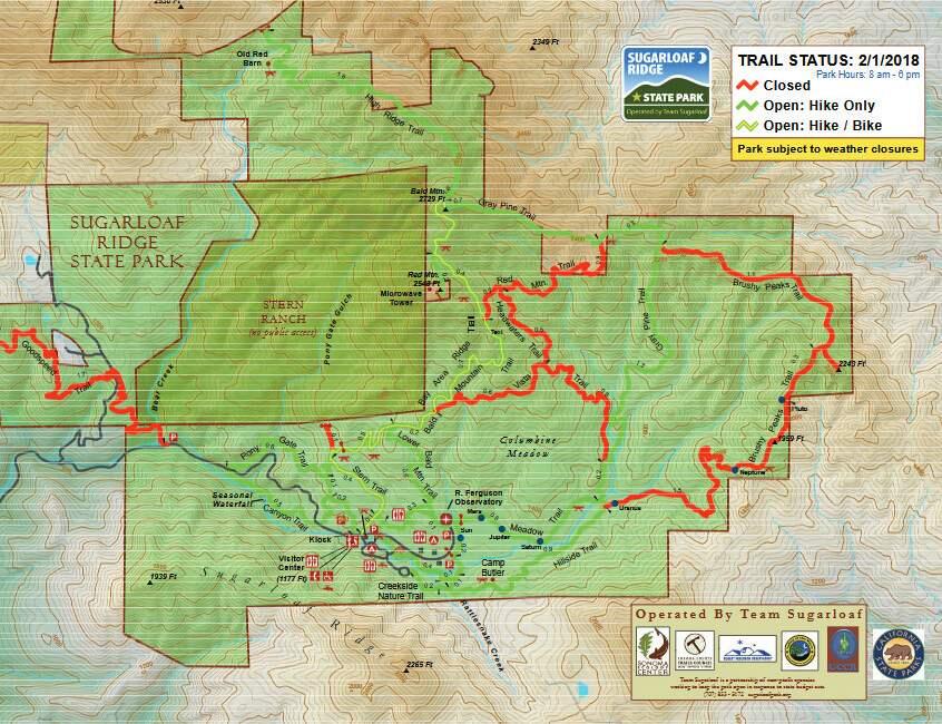 Map of Sugarloaf Ridge State Park, showing which trails are open (green) and closed (red). (TEAM SUGARLOAF)