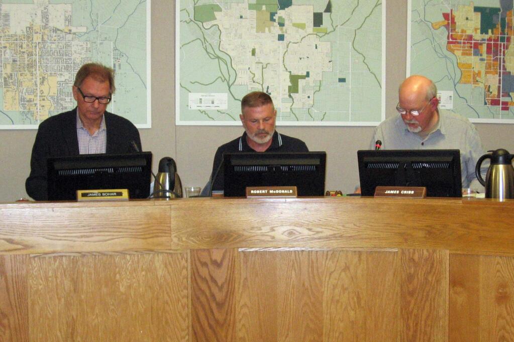 Three of the five members of the Sonoma Planning Commission hearing on March 23 included James Bohar, at left, attending his first meeting as a member. Also pictured are commissioners Robert McDonald and chairman James Cribb. (Christian Kallen/Index-Tribune)